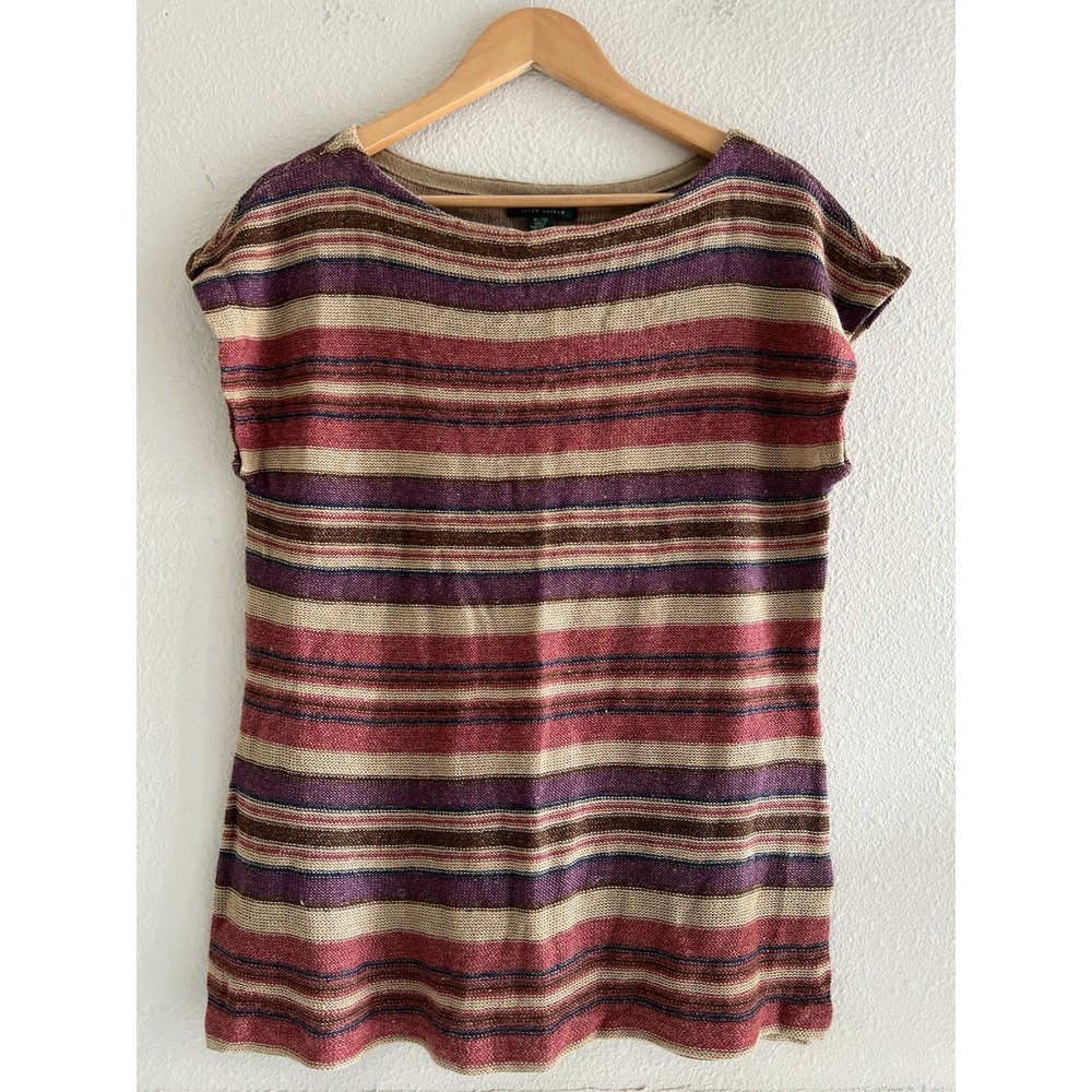 Lauren Ralph Lauren XL Striped Linen Silk Blend Short Sleeve Knit Top Boho Chic